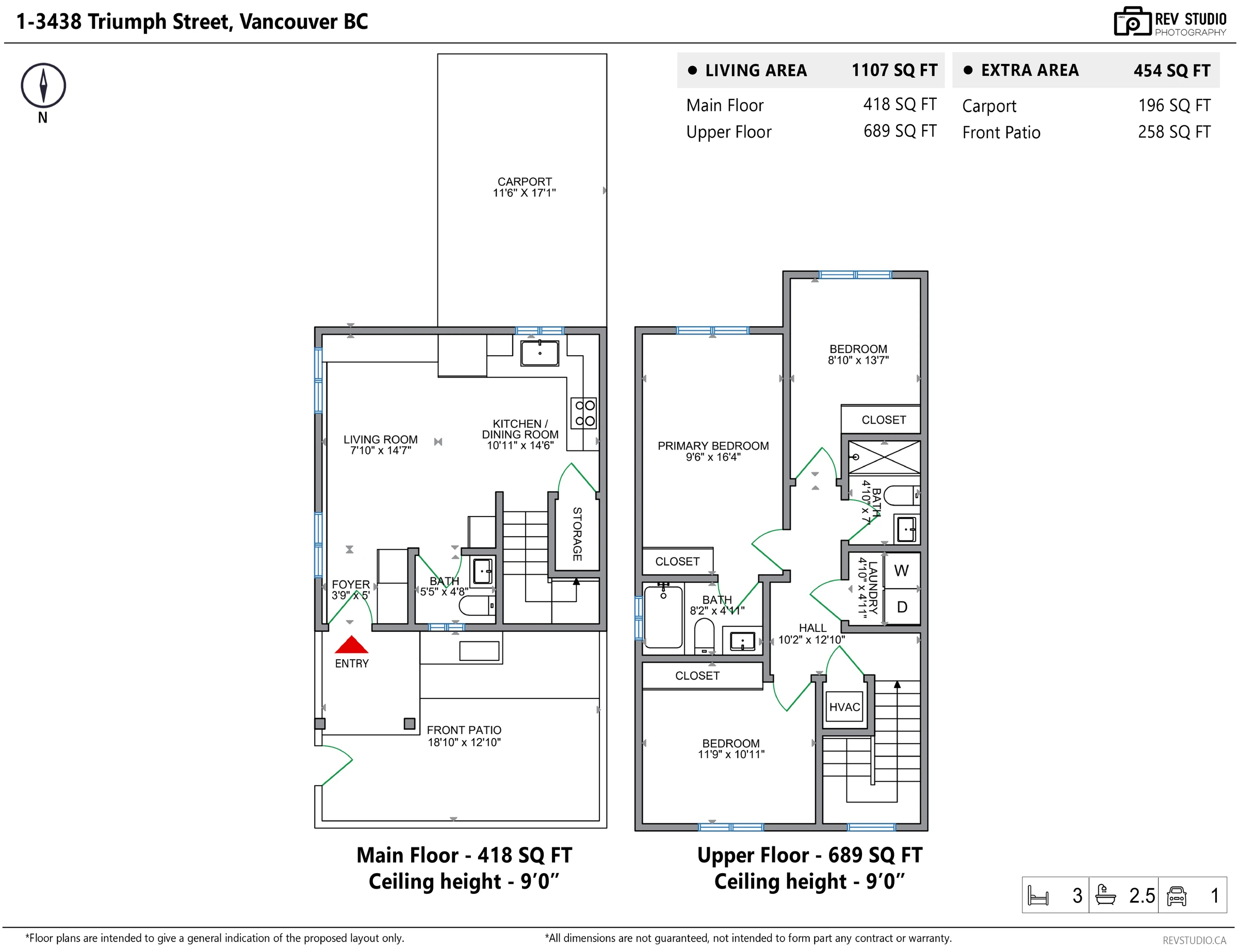 Measured floor plan of 1-3438 Triumph Street showing the main and upper floors with room dimensions